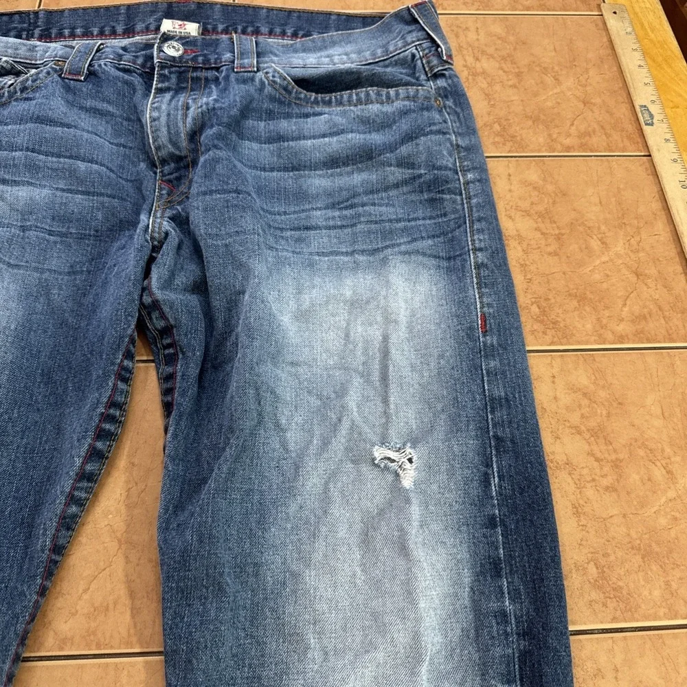 True Religion Jeans Mens Sz 40 x 34 Blue Straight Flap Stretch Denim USA Made